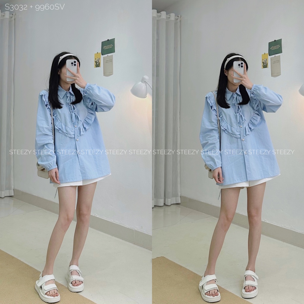 [S3032] Áo sơ mi thô cổ bèo 3 dây nơ form rộng (Có sẵn/ảnh thật)
