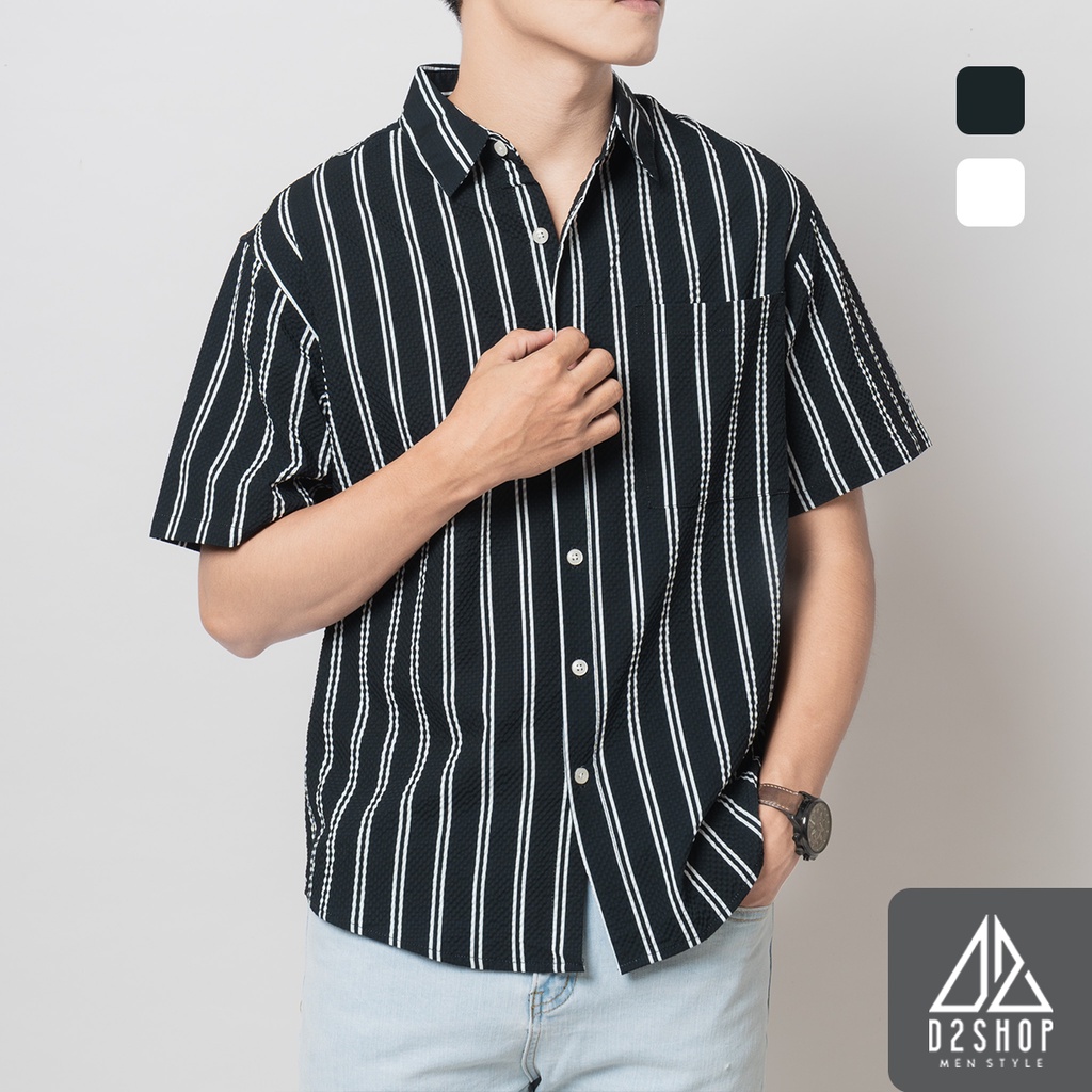 Sơ mi nam D2shop, sơ mi tay ngắn nam vải gân, phối sọc, màu xanh đen [SM-2265]