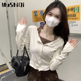 Mushiqi Áo Thun Dài Tay Hai Mảnh Thiết Kế Cảm Giác Như Thật Cho Nữ