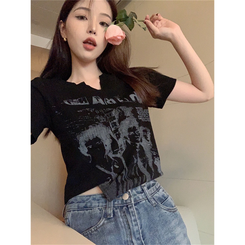 Áo Croptop Tay Ngắn In Họa Tiết Phong Cách Retro Mỹ Quyến Rũ Cho Nữ