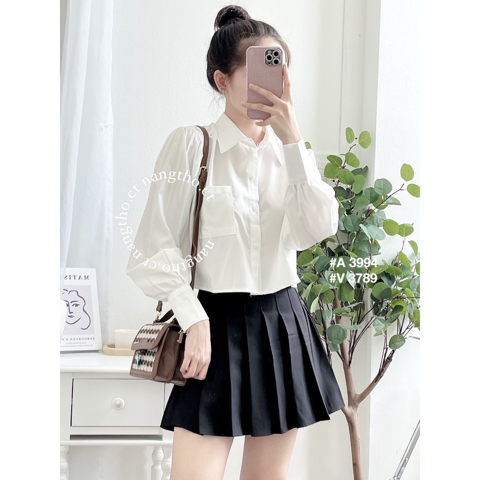 Áo sơ mi trắng crop tay dài (HÌNH THẬT ĐỘC QUYỀN nangtho.ct) 3994