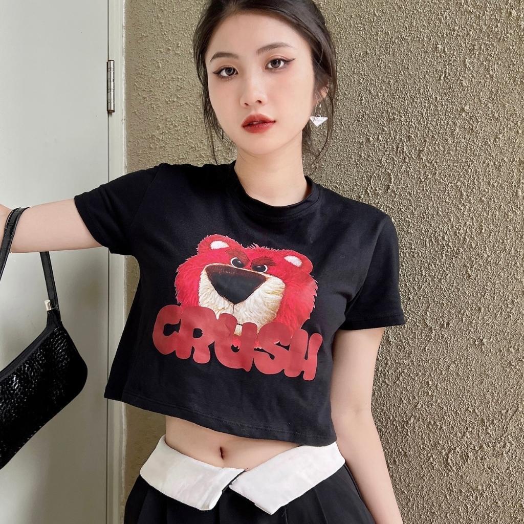 Áo croptop nữ ngắn tay in hoạ tiết Gấu dâu Xquin, Áo kiểu nữ ngắn tay cổ tròn phong cách Hàn Quốc