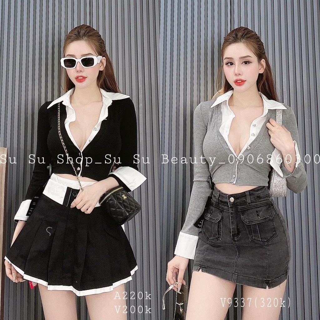 Áo kiểu croptop tay dài cổ bẻ viền trắng cài nút cực xinh , chất thun gân dày dặn