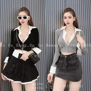 Áo kiểu gân sơ mi tay dài viền trắng kiểu dáng croptop cực hot , chất thun gân mềm mịn