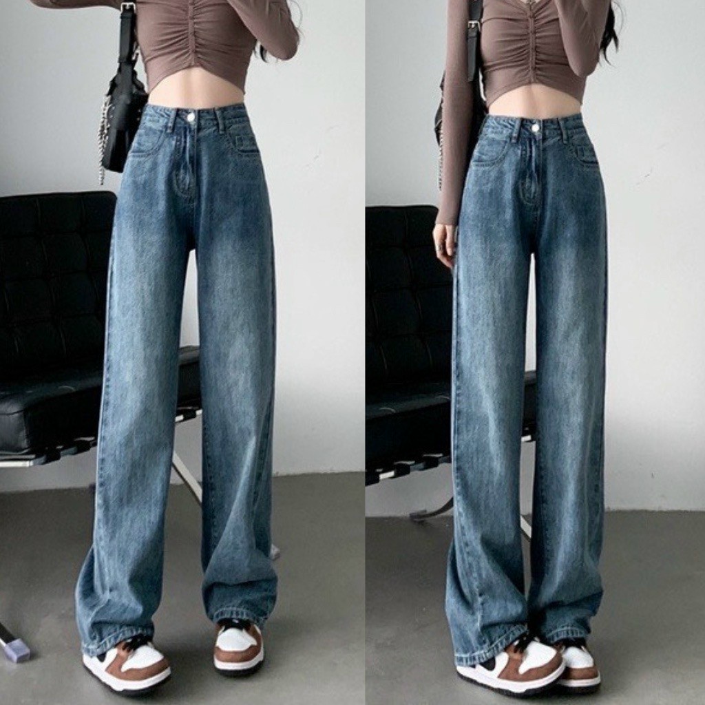 Quần Jean Nữ Màu Xanh Retro Ống Rộng Lưng Cao Uzllang Mặc Lên Cực Tôn Dáng Siêu Hot - 552