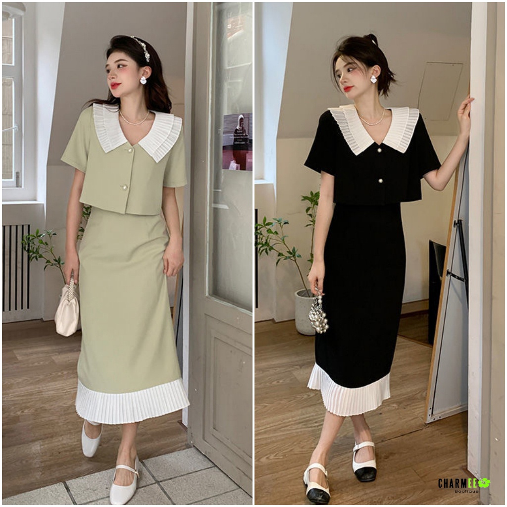 Set Áo Khoác Ngắn Cổ Bẻ + Chan Váy Dài Ren Trắng (Hàng Nhập QC)