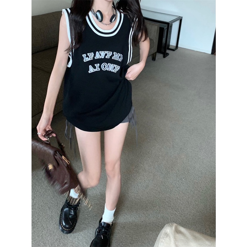 Áo thun QKOOLE thể thao không tay thêu chữ phong cách Hàn Quốc cho nữ