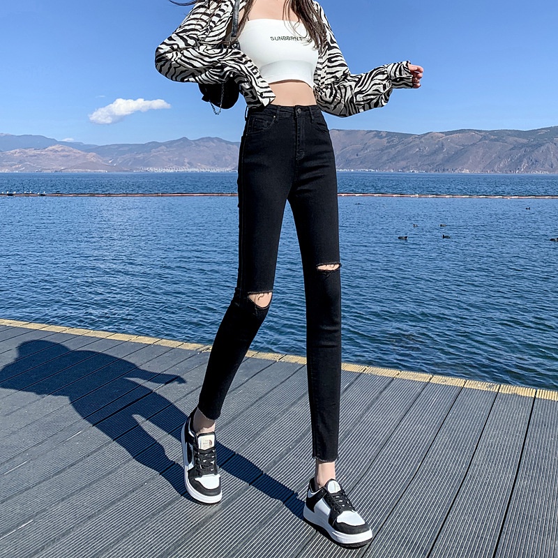 Quần jeans nữ rách gối lưng cao vải bò giấy dày dặn skinny ôm co giãn 4 chiều M53