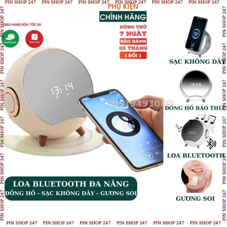 Loa bluetooth thông minh, Kiêm sạc không dây, Đồng hồ báo thức Mặt gương màn hình led đa chức năng PIN SHOP 247
