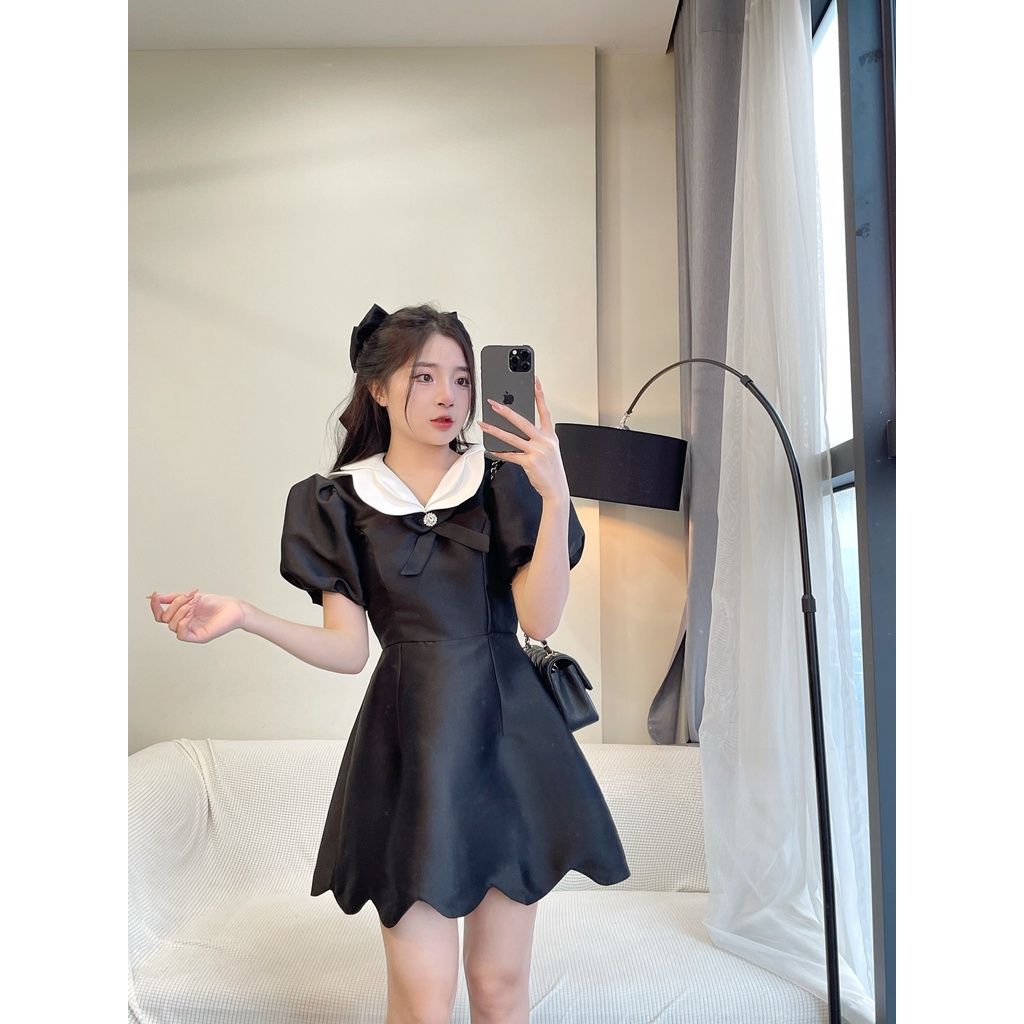 Váy tay bồng cổ sen bèo phối lượn sóng phong cách thanh lịch, tiểu thư váy đi chơi đi làm