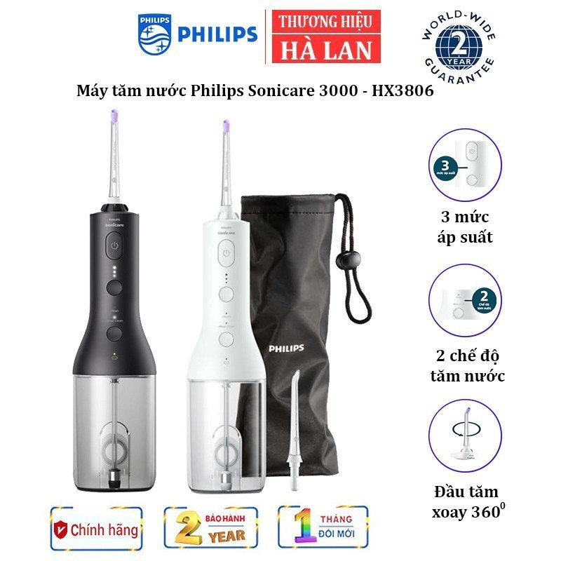 Máy tăm nước Philips Sonicare 3000 HX3806 - Chế độ: 3 mức áp lực nước / 2 loại đầu tăm