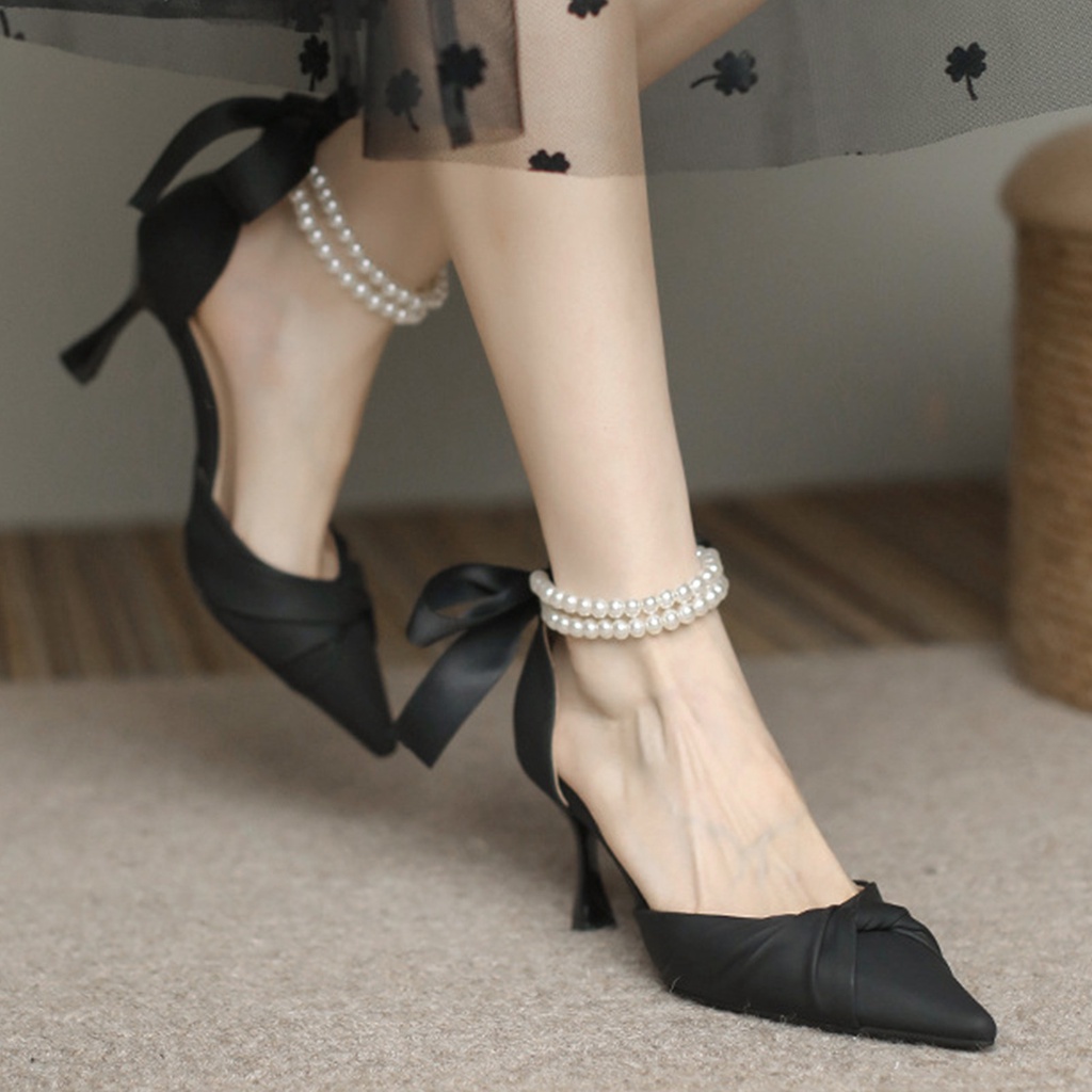 ❤Giày cao gót bít mũi quai ngọc thắt nơ 7 phân