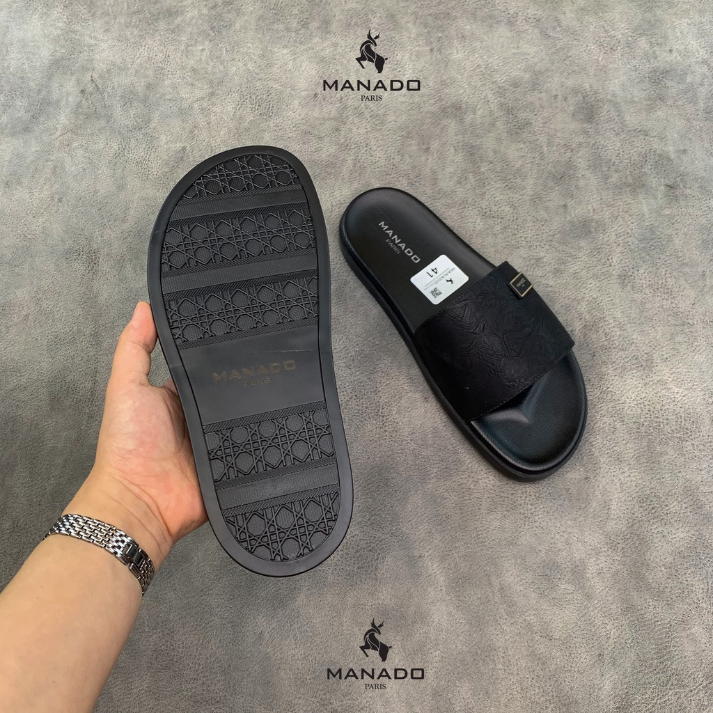 Dép da nam quai ngang cao cấp Manado Mã MND13 màu đen fullbox, quai da mềm mại, đế cao su mềm nhẹ