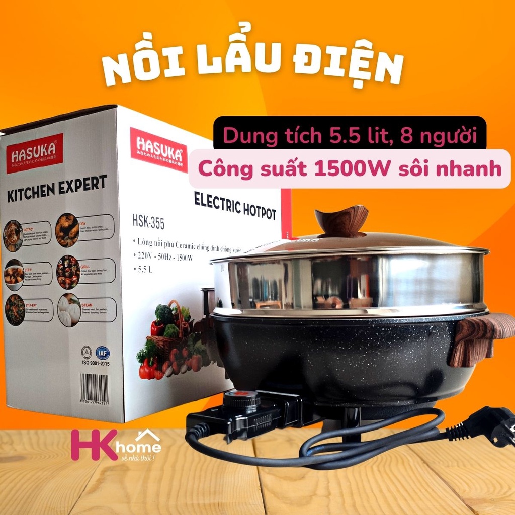 Nồi lẩu điện xửng hấp đa năng tiện đụng dung tích lớn 5.5L tay cầm vân gỗ chống dính ceramic chống xước