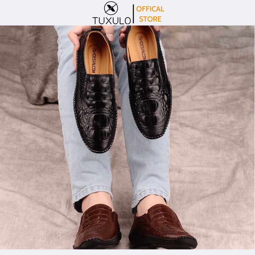 Giày tây nam TUXULO dáng lười dập vân cá sấu da bò nguyên tấm đế cao su đúc đi siêu êm ái khâu đế siêu bền TX93