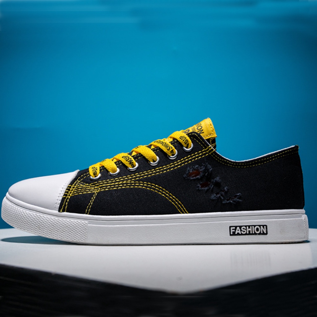 Giày Thể Thao, Giày Thể Thao Nam, Giày Sneaker, Giày Vải Đen Dây Vàng 3cm Mã 40