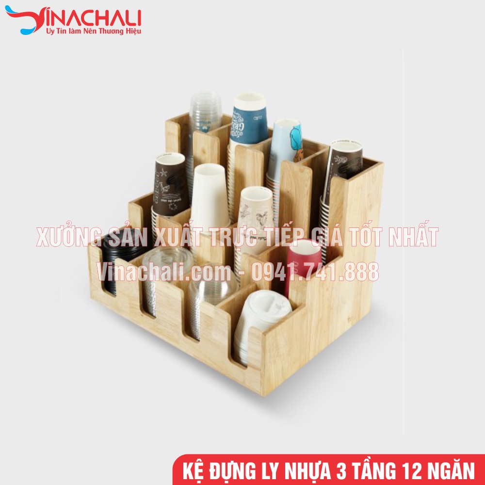 Khay Đựng Ly, Giá Đỡ Cốc, Kệ Đựng Ly Nhựa Trà Sữa, Ly Giấy 3 Tầng 12 Ngăn - Gỗ Tự Nhiên Cao Cấp