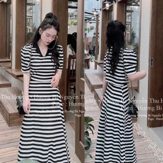 Đầm kẻ ngang cổ bẻ hở lưng, set váy kẻ ngang cổ bẻ chất liệu zip tàu sịn