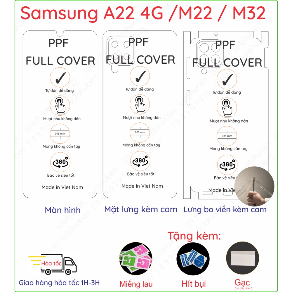 Dán PPF Samsung A22 4G  /M22 / M32 loại trong, nhám, da cá sấu dành cho màn hình, mặt lưng, full body lưng viền