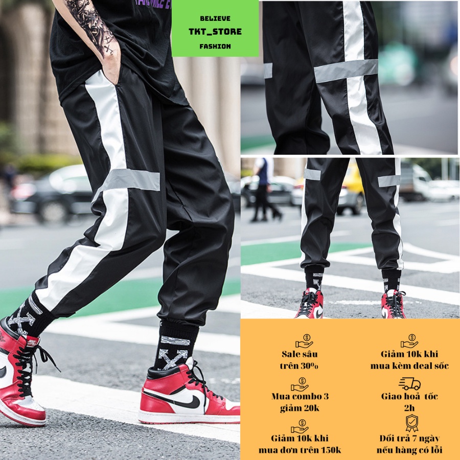 Quần jogger nam, quần gió nam PT005 màu đen sọc trắng phong cách đường phố