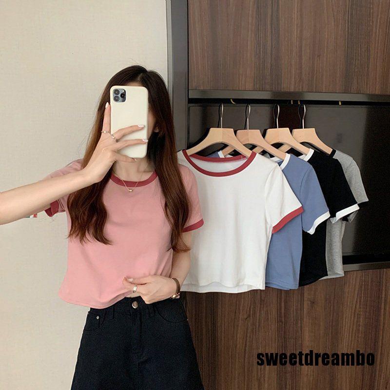 Áo Thun Tay Ngắn Cổ Tròn Màu Sắc Tương Phản Thời Trang Mùa Hè Cho Nữ