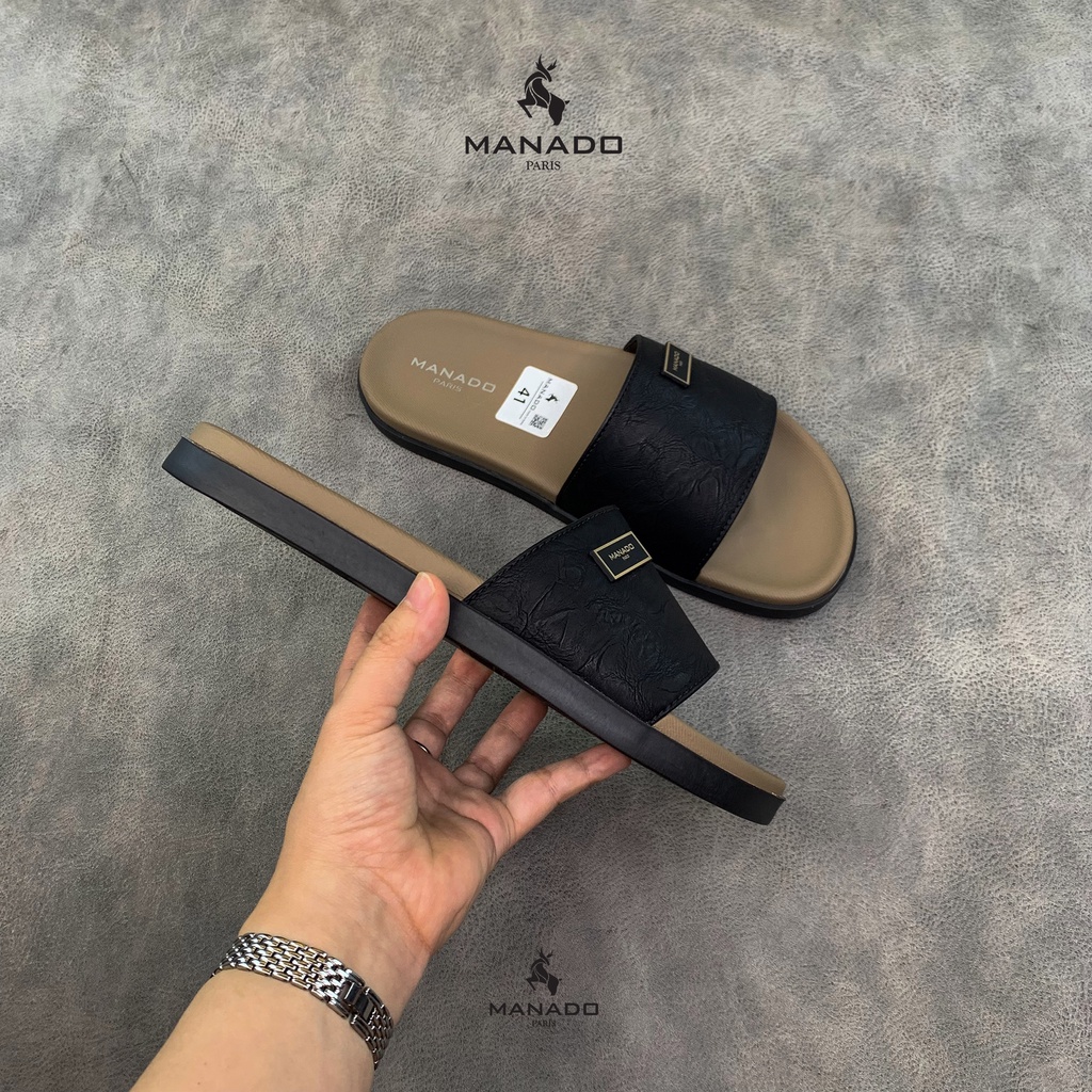 Dép da nam quai ngang cao cấp Manado Mã MND13 màu đen vàng fullbox, quai da mềm mại, đế cao su thiết kế chắc chắn