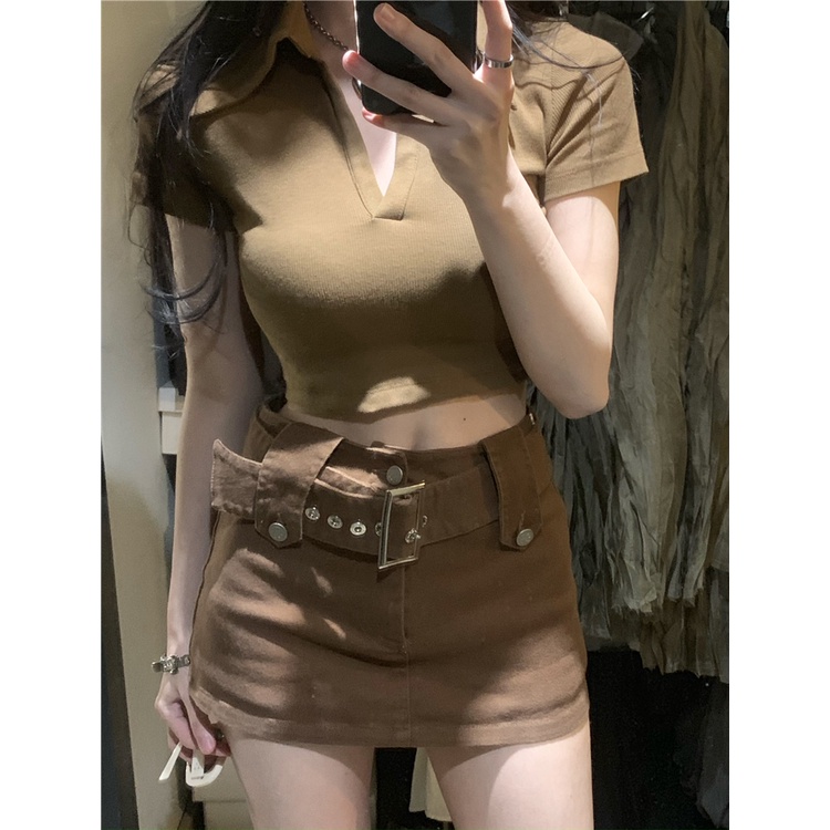 QADCOL Áo Thun Ngắn Tay Dáng Ôm Phong Cách retro Mỹ Thời Trang Cho Nữ