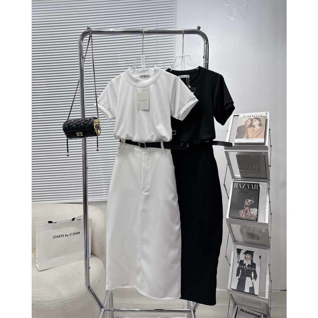 Set Áo Thun Mix Chân Váy Midi Dáng Dài, Tặng kèm Thắt Lưng Siêu Hot