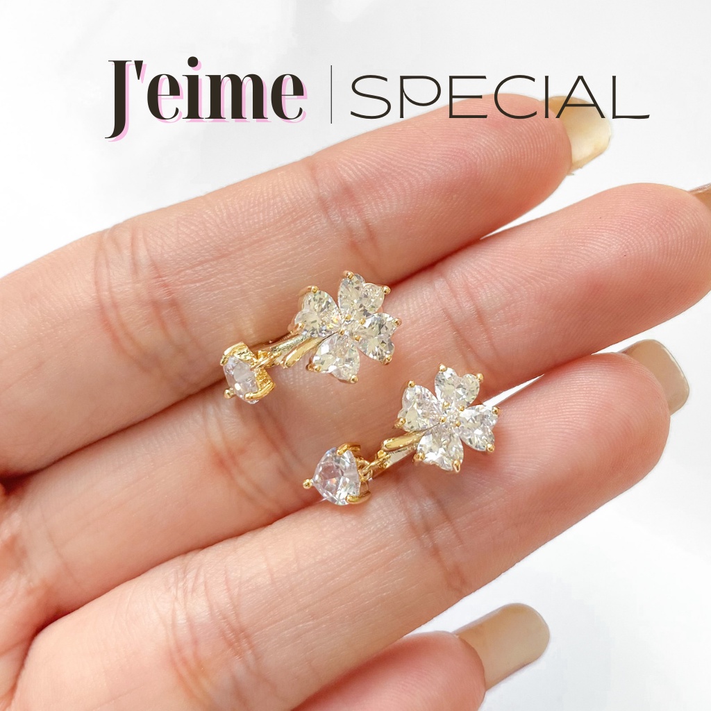 Khuyên tai chuôi bạc 925 cỏ 4 lá đính đá Feuilles, bông tai nữ tính dịu dàng J'eime