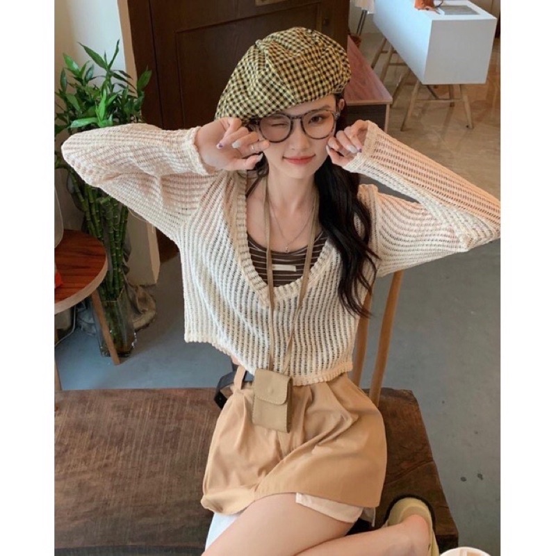 (Hàng QC) Set áo len lưới dệt kim dày tay mỏng nhẹ xuyên thấu cổ V | BigBuy360 - bigbuy360.vn