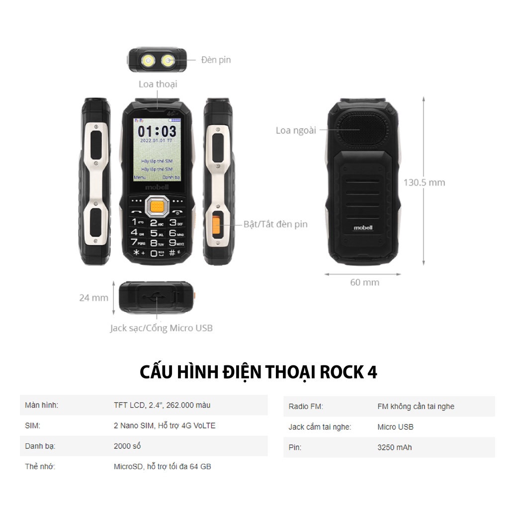 Điện thoại phổ thông Mobell ROCK4-OL thiết kế quân đội pin trâu nghe gọi cả ngày 2 sim 4G phù hợp cho người cao tuổi