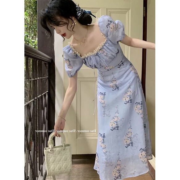 Váy xanh ngọc hoa nhí cổ vuông viền ren tay bồng cộc