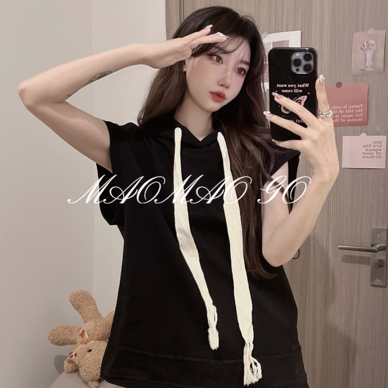 Maomao GO Áo Sát Nách Có Mũ Trùm Đầu Kiểu Thể Thao Cá Tính Cho Nữ