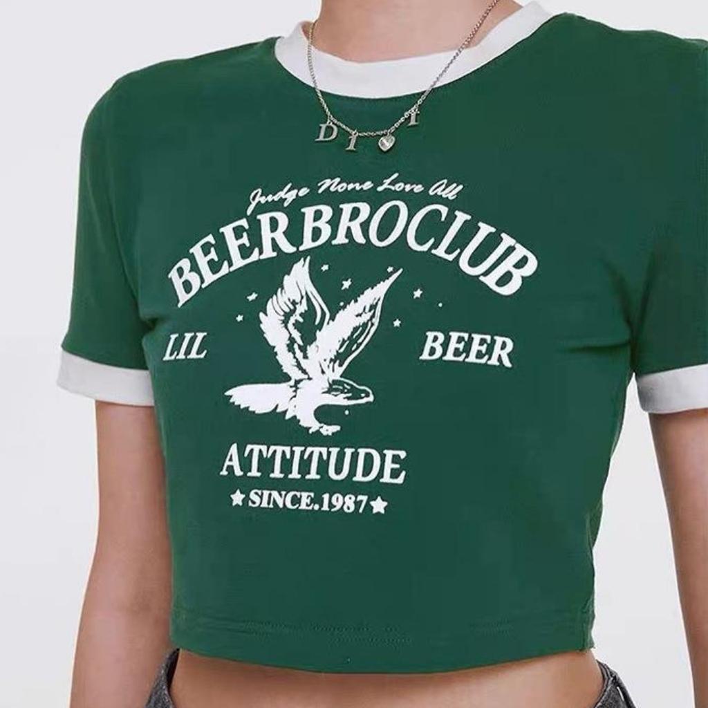 Áo croptop nữ MEEI SHOP ngắn tay cổ tròn in họa tiết hình kèm chữ phối viền, Áo kiểu nữ ôm body sexy borip mềm mịn -A6-