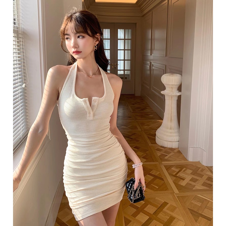 Lalisas Đầm Ngắn Ôm Dáng Không Tay Có Dây Đeo Cổ Gợi Cảm Cho Nữ