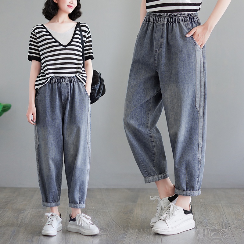 Quần bò bigsize cạp chun dáng suông đơn giản