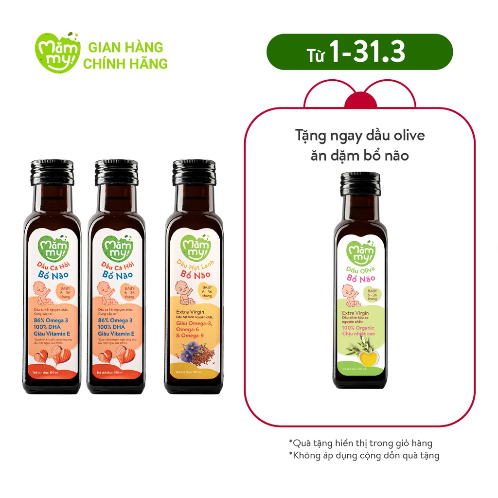 SET 2 dầu cá hồi, 1 dầu hạt lanh ăn dặm bổ não Mămmy giàu DHA,Omega-3 cho bé từ 6 tháng (100ml/chai)