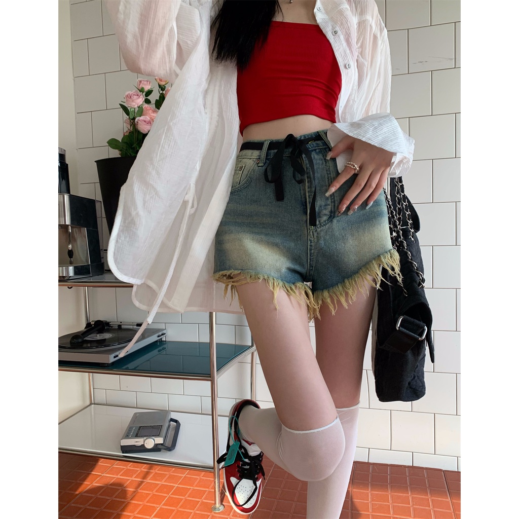 Lalisas Quần Short denim Lưng Cao Phong Cách retro Hàn Quốc Thời Trang Cho Nữ