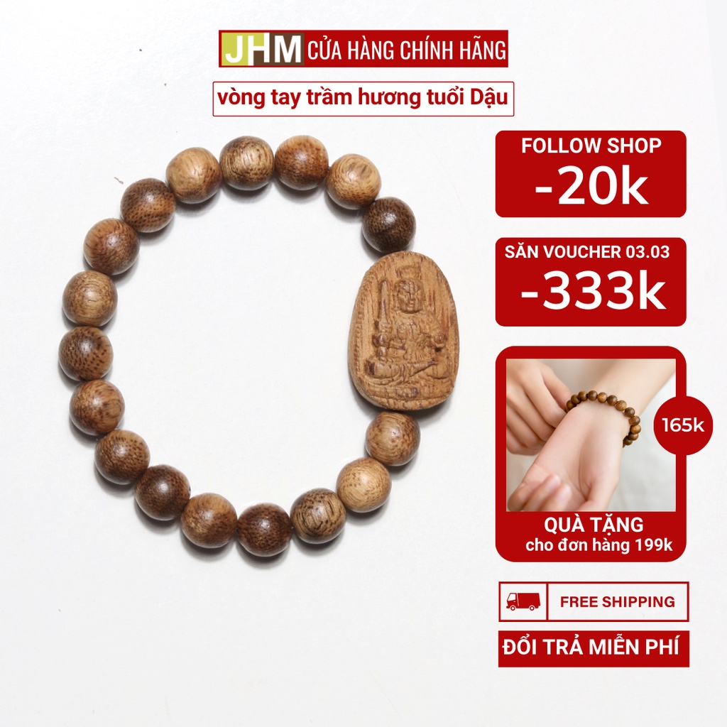 Vòng tay trầm hương tốc dành cho nữ tuổi Dậu 8mm JHM phối mặt bản mệnh Bất Động Minh Vương