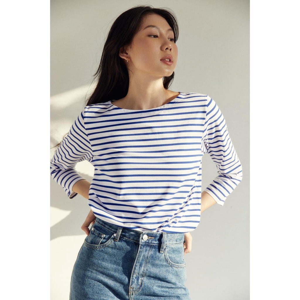 TheBlueTshirt - Áo Thun Tay Dài Nữ Sọc Xanh Trắng - New Classic BlueT - White / Blue Stripe