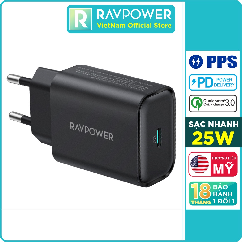 Adapter Củ Sạc Nhanh Samsung, iPhone, iPad Đến 25W Type C PD 3.0 & QC 3.0 RAVPower RP-PC156 - Hàng Chính Hãng