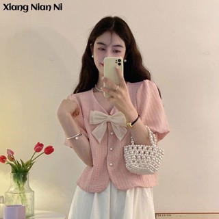 Áo sơ mi XIANG NIAN NI tay ngắn phồng cổ chữ V đính nơ mềm mại phong cách Hàn Quốc ngọt ngào thời trang mùa hè cho nữ