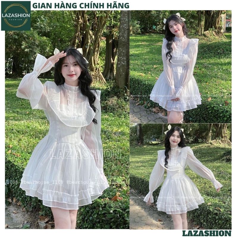 Váy công chúa trắng viền ngực bèo dài tay ống loe dáng xòe, Đầm tiểu thư voan tơ 2 lớp cổ tàu phối viền cực xinh - LAZA