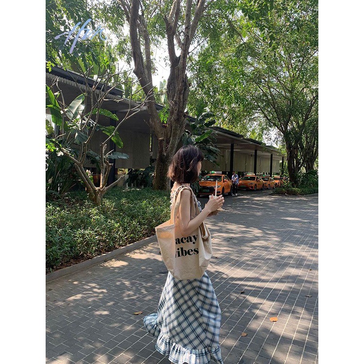 Đầm Hai Dây Cổ Vuông Eo Cao Dáng Dài Họa Tiết Kẻ Sọc Thời Trang Mùa Xuân 2023