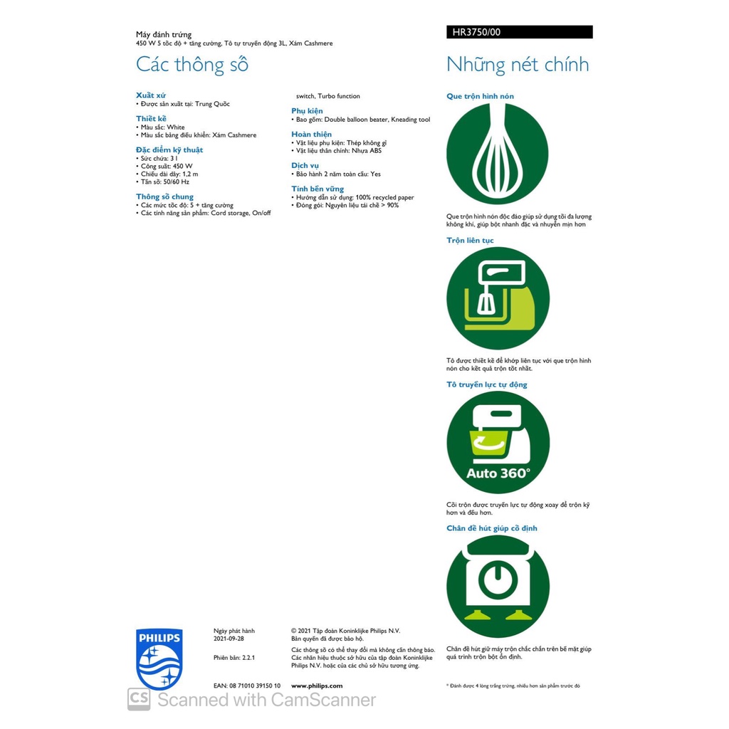 Máy đánh trứng để bàn Philips HR3745 HR3750 - Hàng chính hãng - Bảo hành 24 tháng