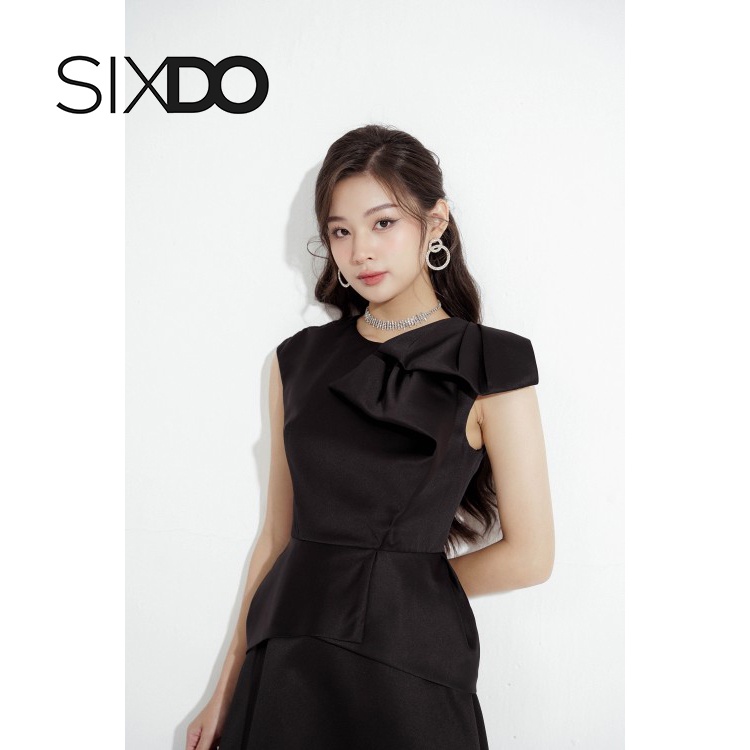 Đầm váy đen phối nơ vai thời trang SIXDO (Black Cap Sleeves Midi Taffeta Dress)