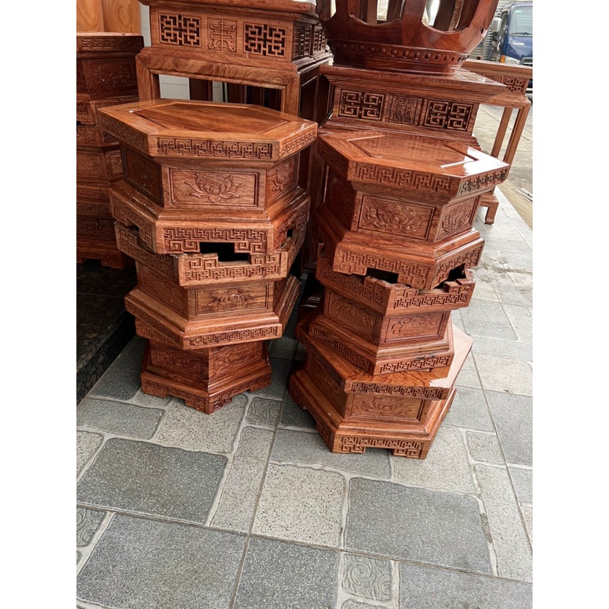 Đôn lục lăng triện hoa sen gỗ Hương đá dùng kê tượng , kê bonsai , kê đồ phong thuỷ M12