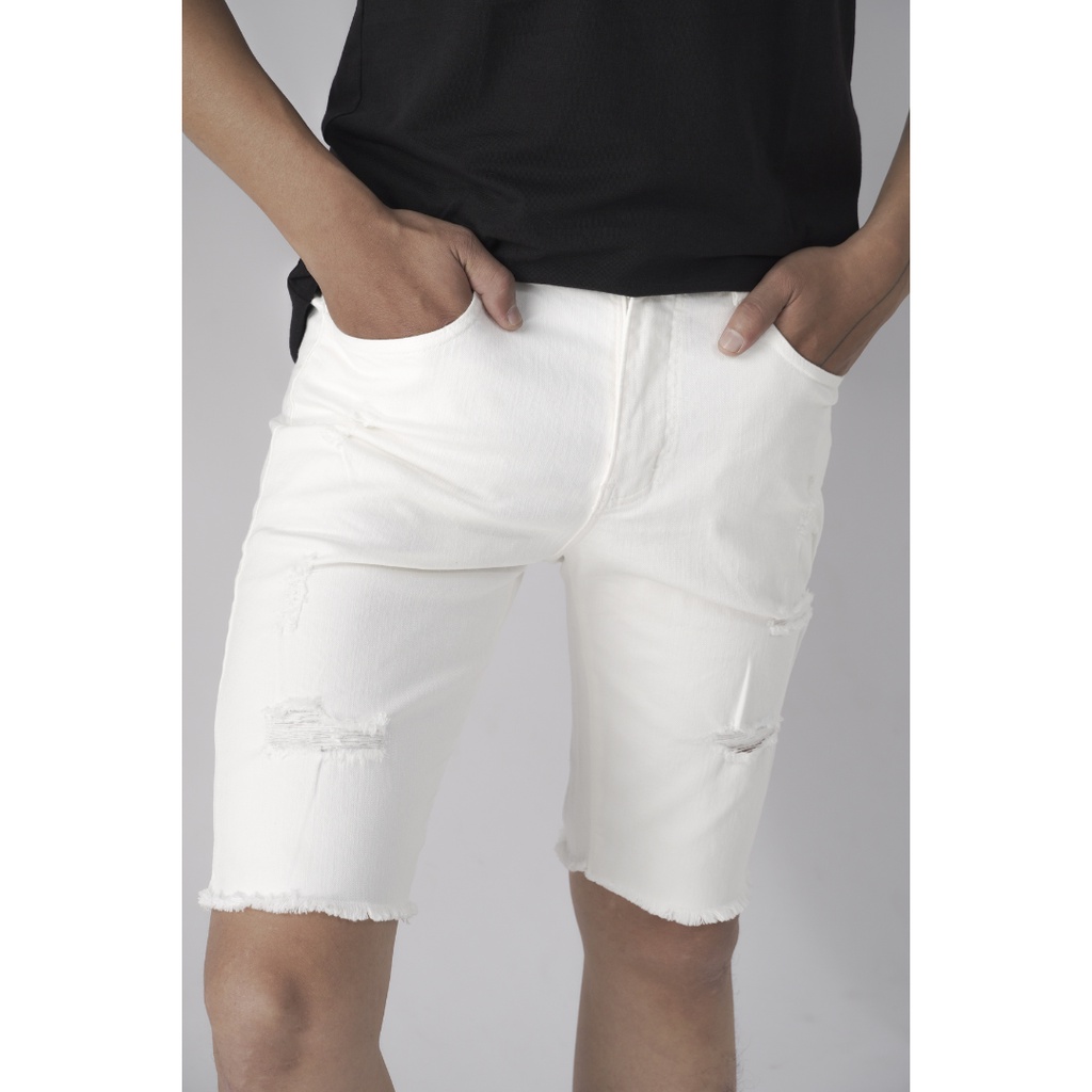 Quần Shorts Jeans cho nam, chất liệu Denim có co giãn, rách gối thời trang (Trắng)