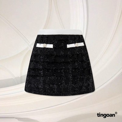TINGOAN®  - Chân váy tweed đen cạp lửng lông kẻ ô đính cúc đá MY BEIBI SKIRT/BL