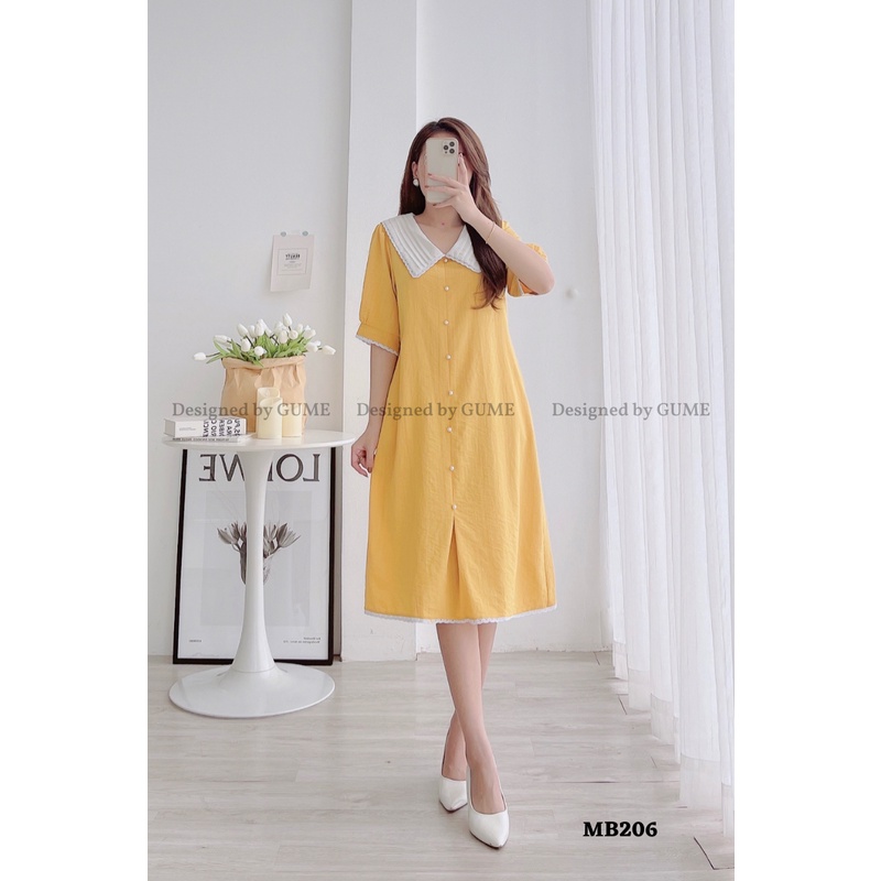 Váy bầu bigsize - Đầm bầu thiết kế GuMe màu Vàng Đũi Cúc Ngọc dáng A bo tay siêu xinh size từ 40-100kg  MB206 ảnh thật